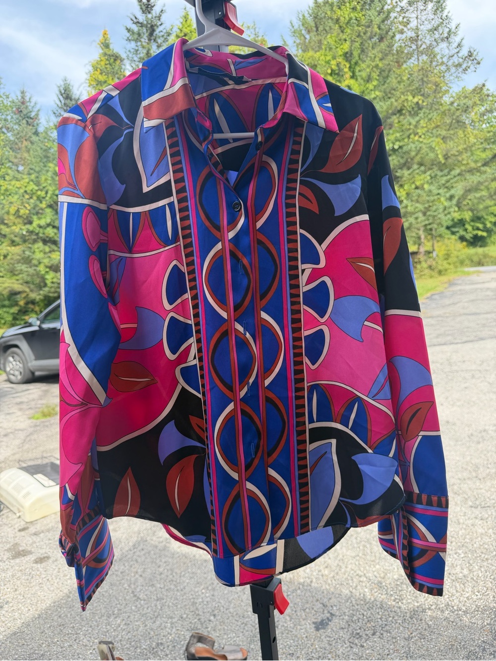 Zara Bright Pink & Blue Printed Women's Button-Up Top geometric M
